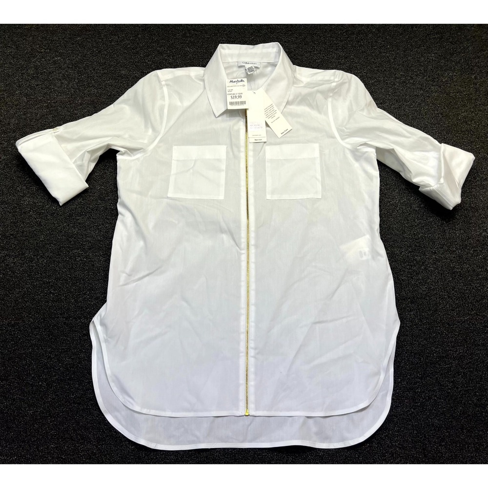 Calvin Klein Tunic Top Women's L White Double Chest Pockets Long Sleeve Full Zip